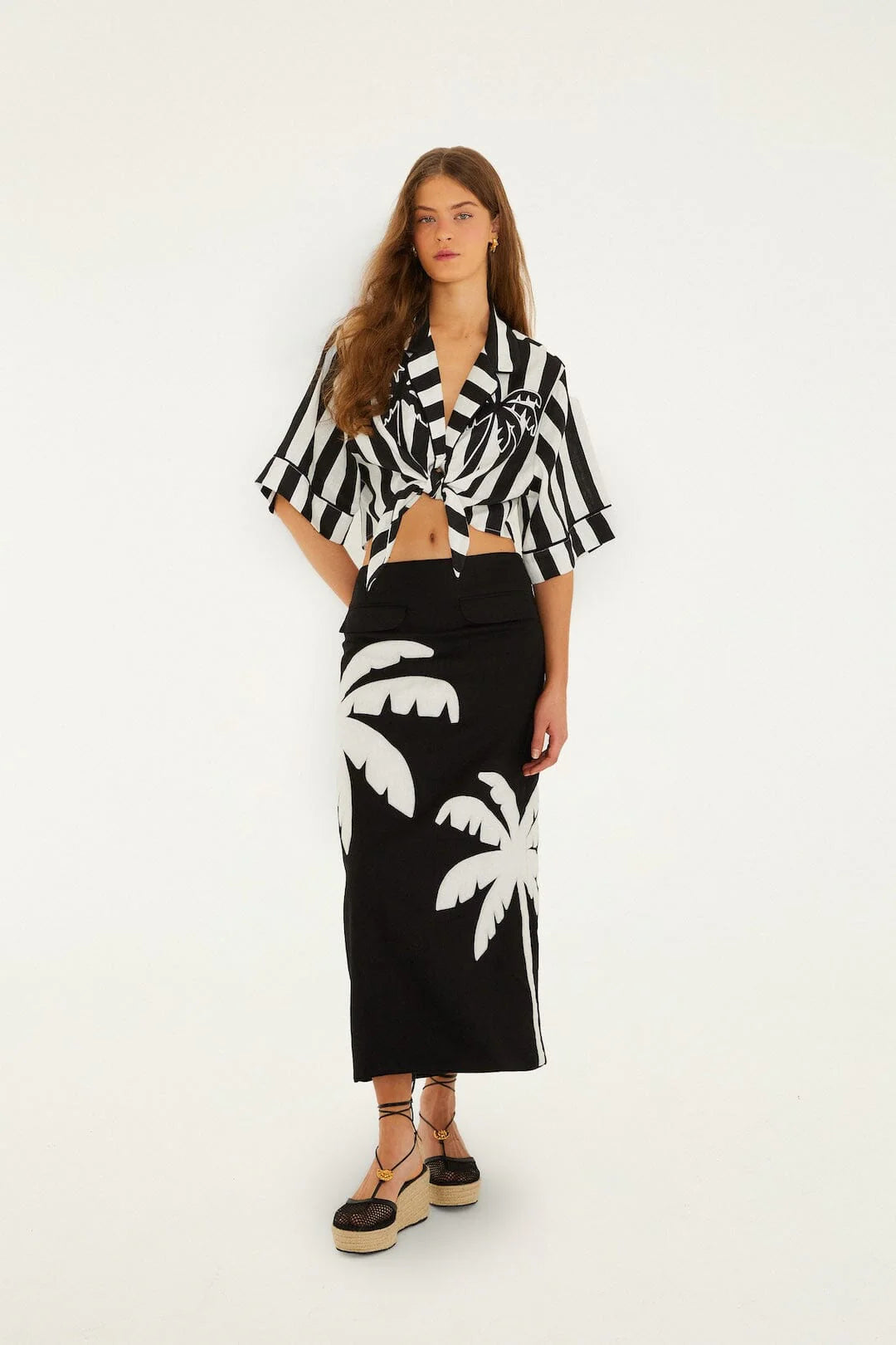 Black Embroidered Palm Tree Euroflax™ Premium Linen Maxi Skirt