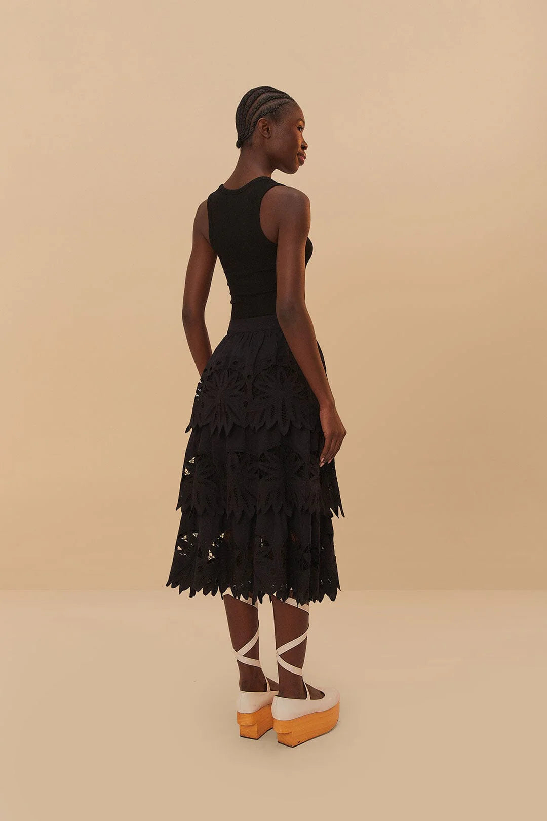 Black Daisy Embroidered Midi Skirt