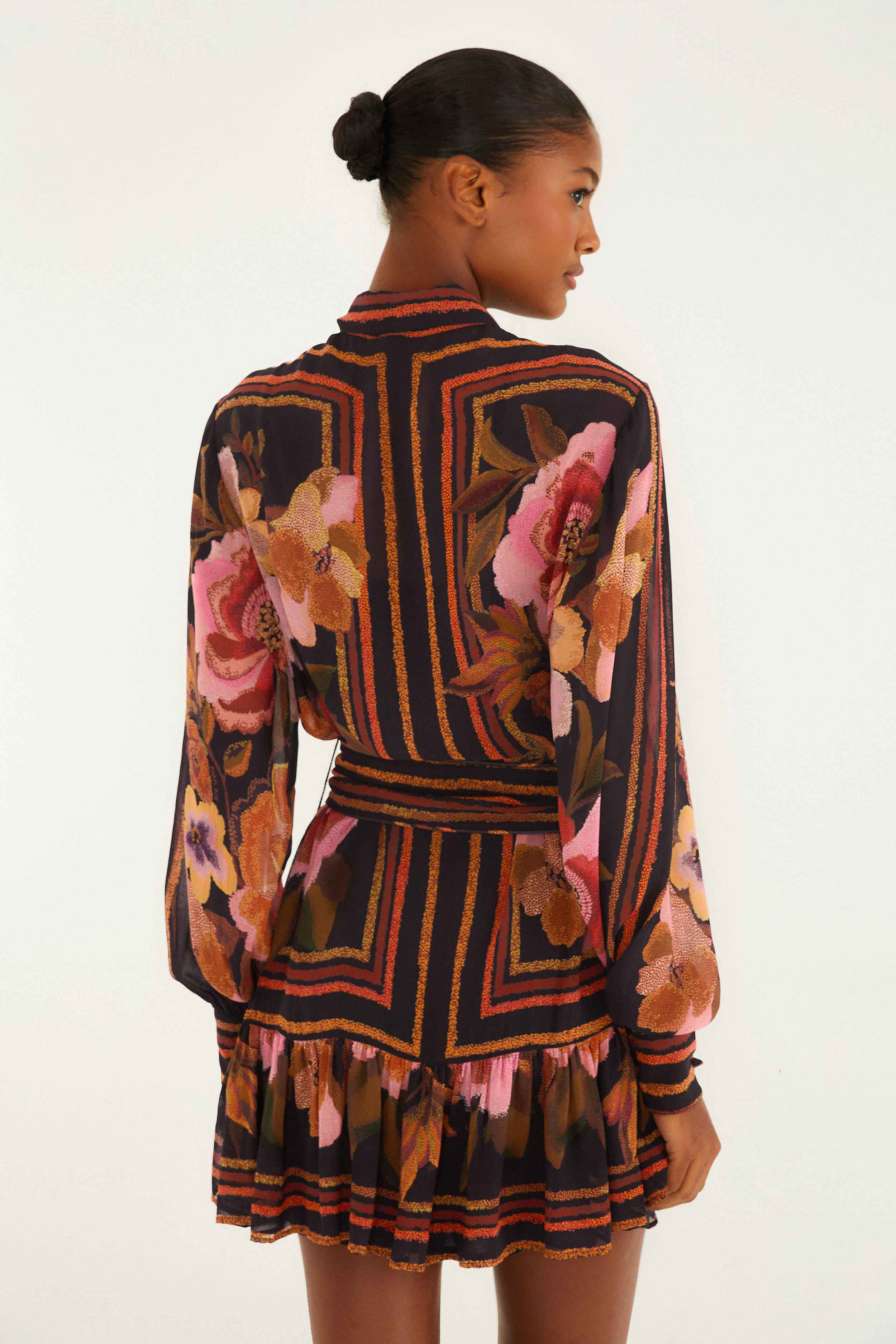 Black Chenille Flowers Belted Long Sleeve Mini Dress