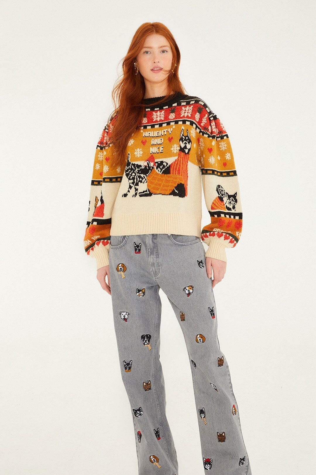 Multicolor Cats And Dogs Embroidery Denim Pants