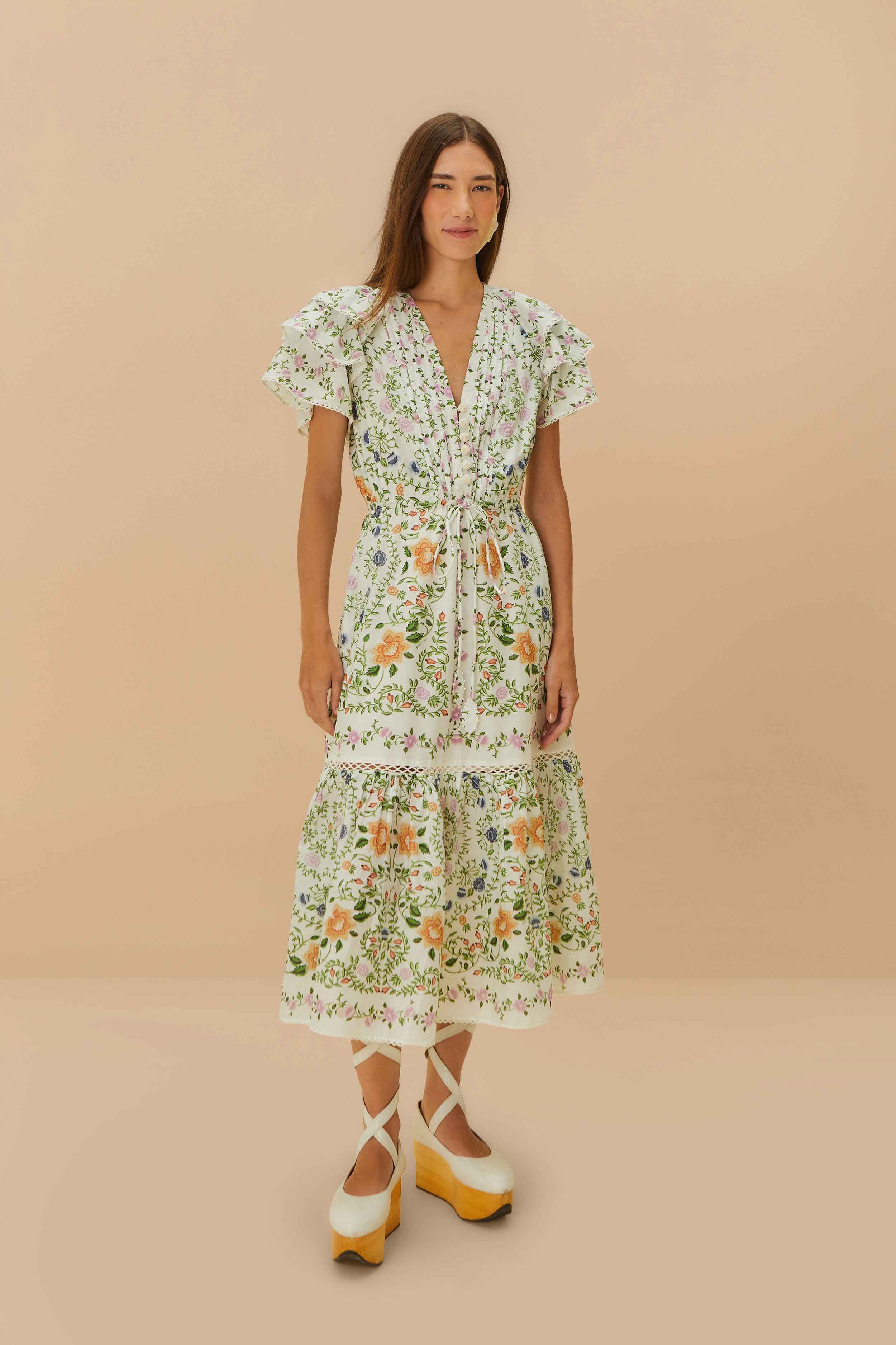 Off-White Folk Floral Lace Midi Dress