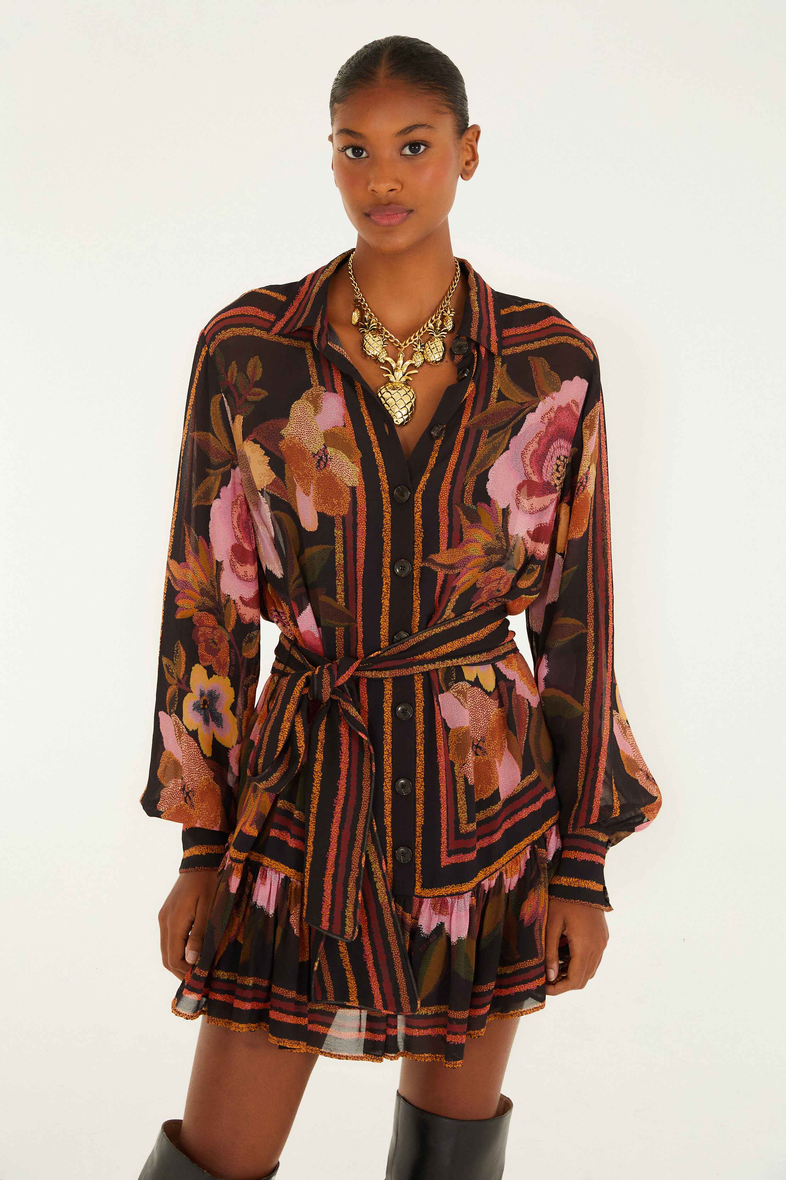 Black Chenille Flowers Belted Long Sleeve Mini Dress