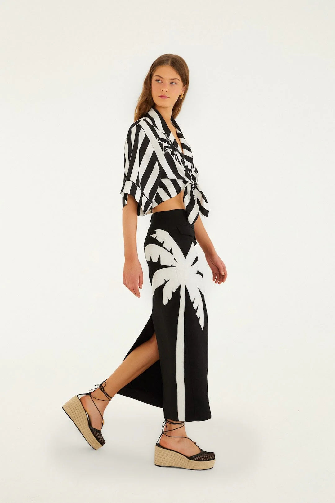 Black Embroidered Palm Tree Euroflax™ Premium Linen Maxi Skirt