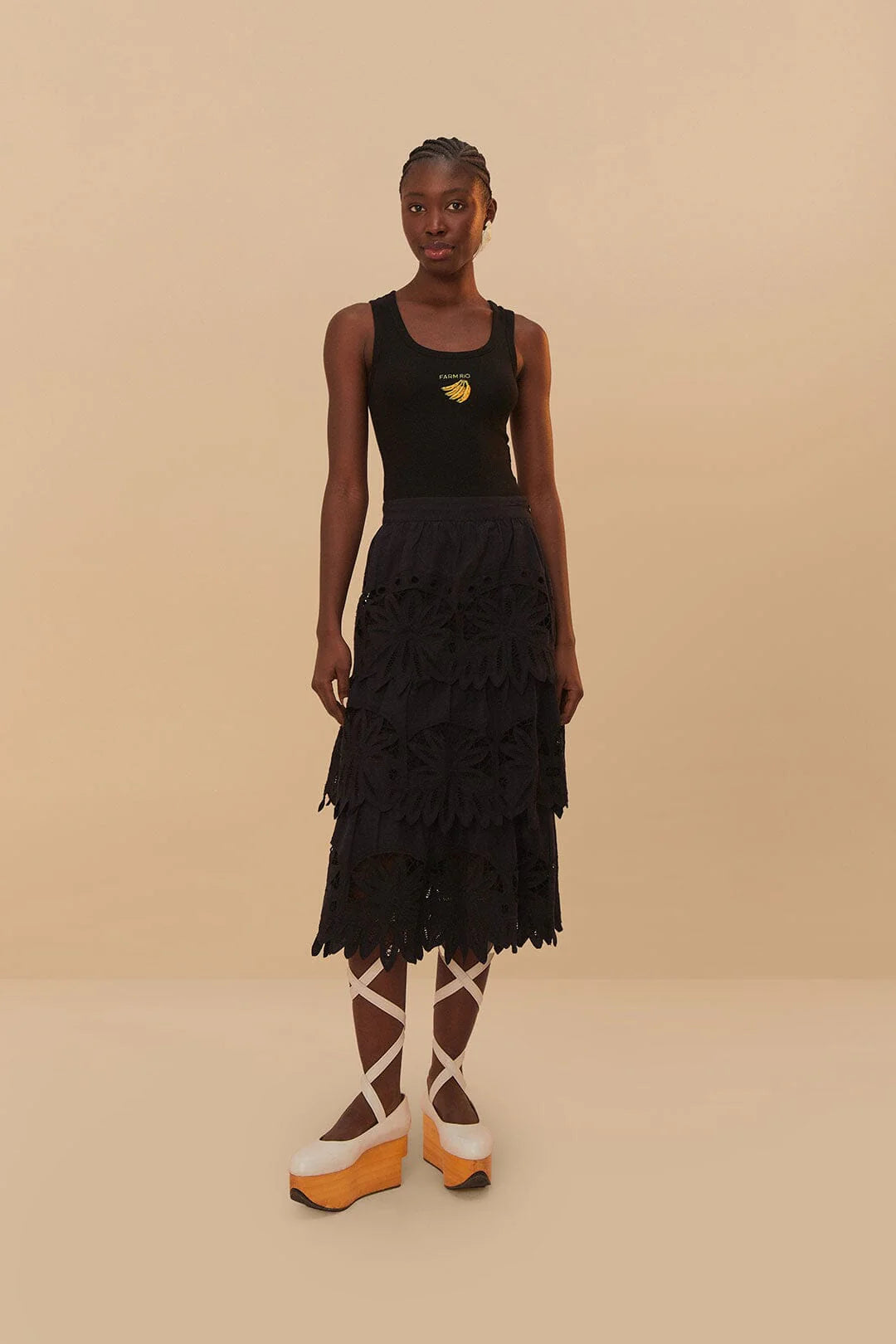 Black Daisy Embroidered Midi Skirt