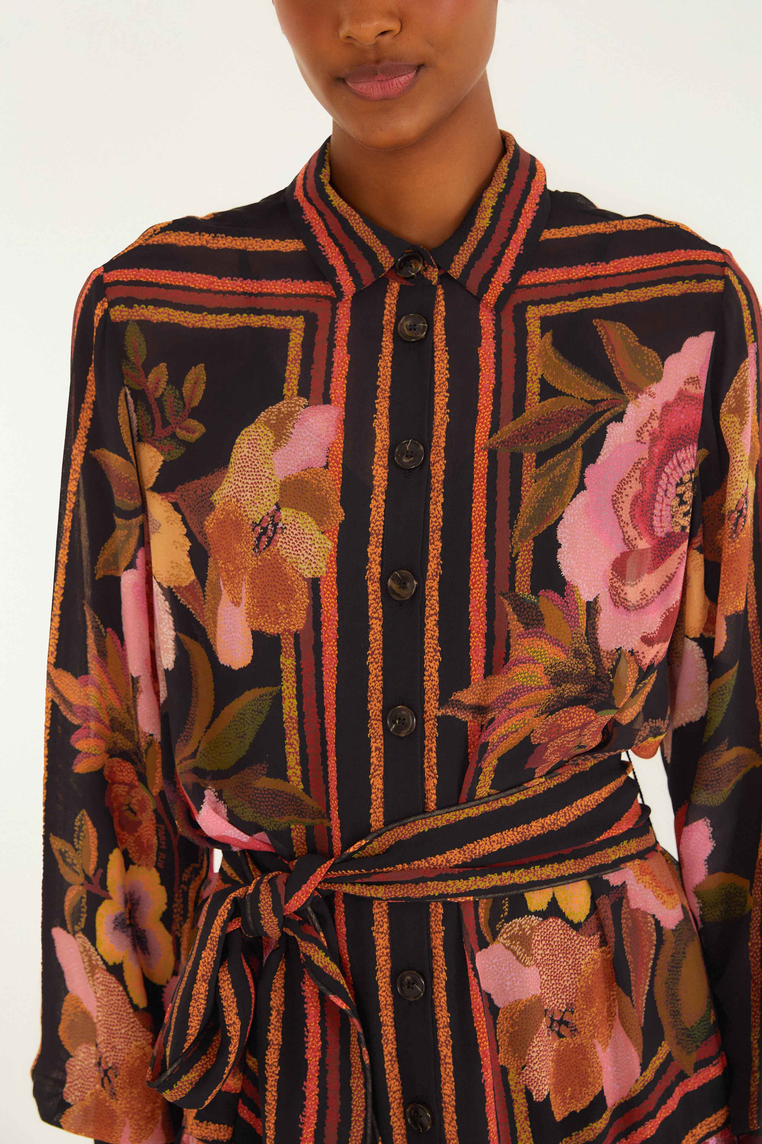 Black Chenille Flowers Belted Long Sleeve Mini Dress