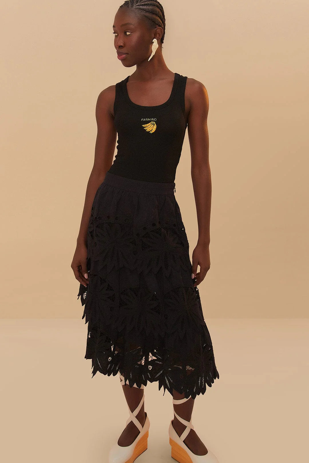 Black Daisy Embroidered Midi Skirt