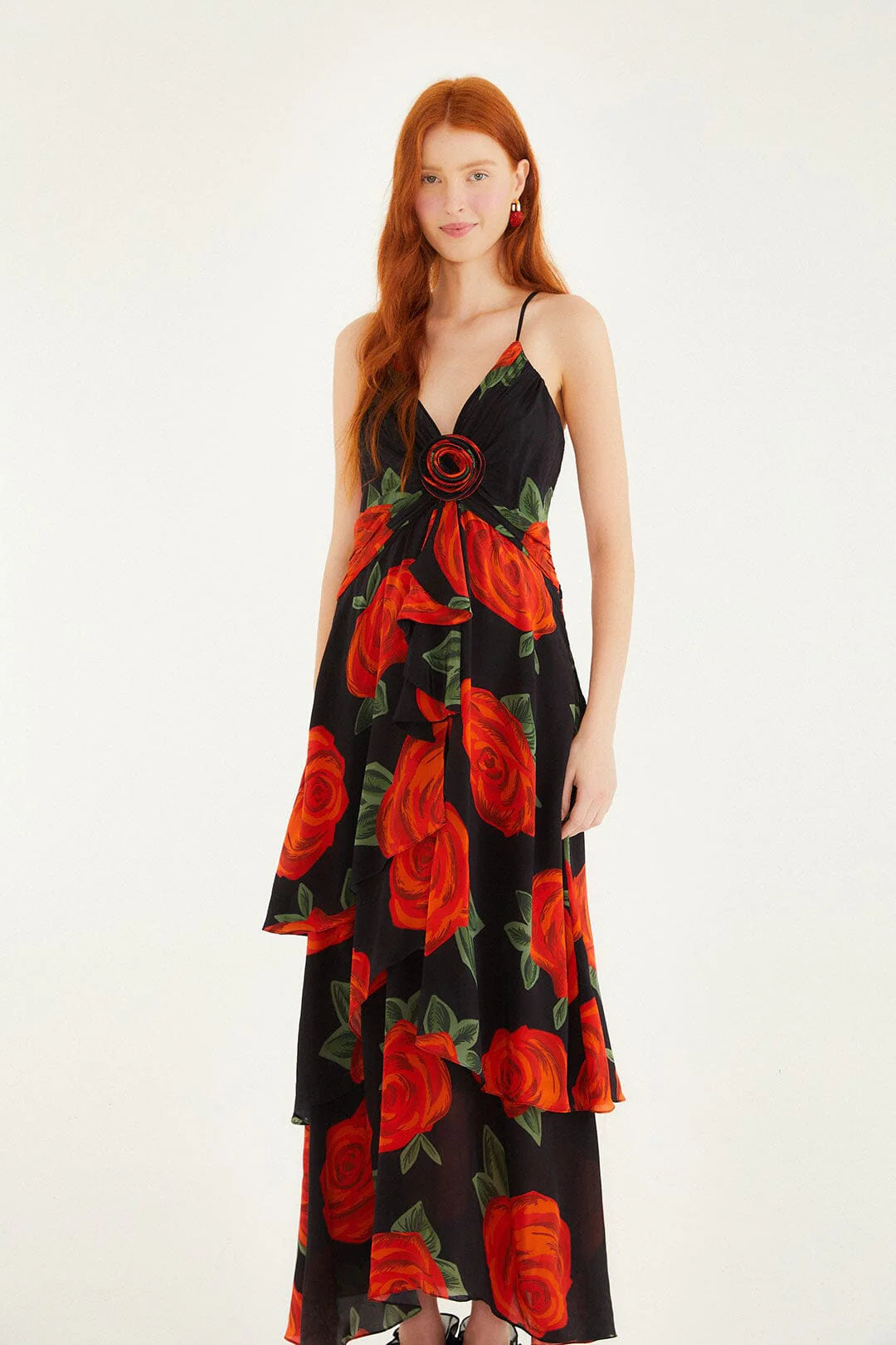 Black Latin Roses 3d Flower Layered Maxi Dress