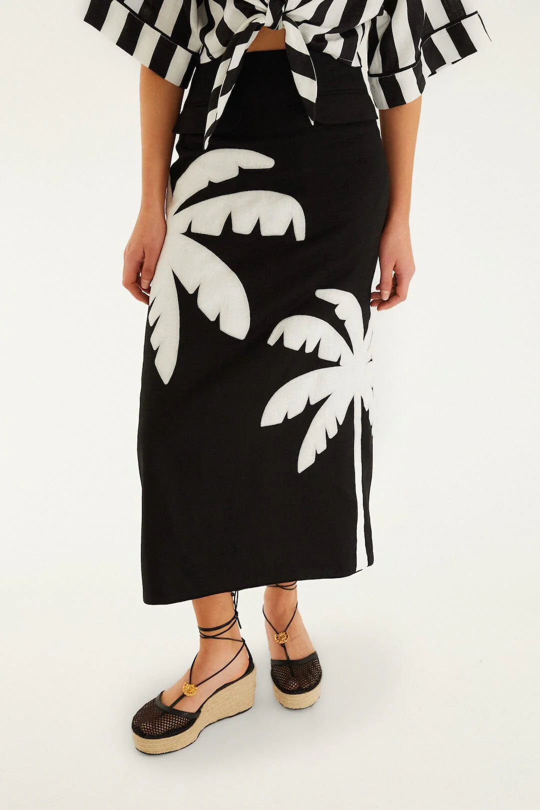 Black Embroidered Palm Tree Euroflax™ Premium Linen Maxi Skirt